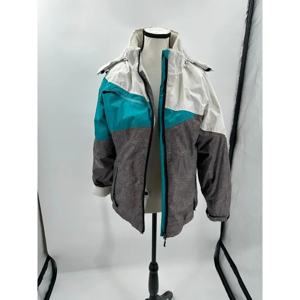 Magellan Outdoors Women's gray/white/green crosshatch hooded ski jacket,‎ size L